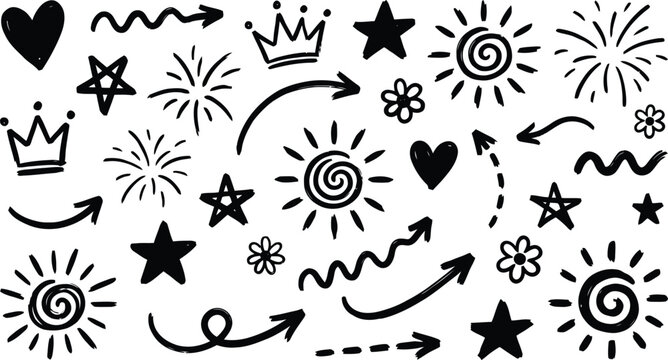 Hand drawn doodle set featuring stars hearts crowns suns and arrows on a white background