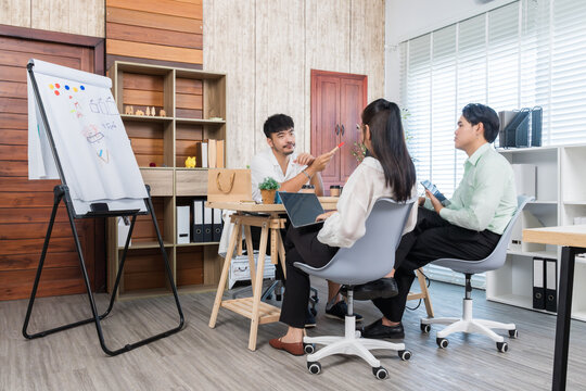 Young entrepreneurs in a business planning session. Startup founders collaborating on a new venture, discussing strategy in a modern creative office.