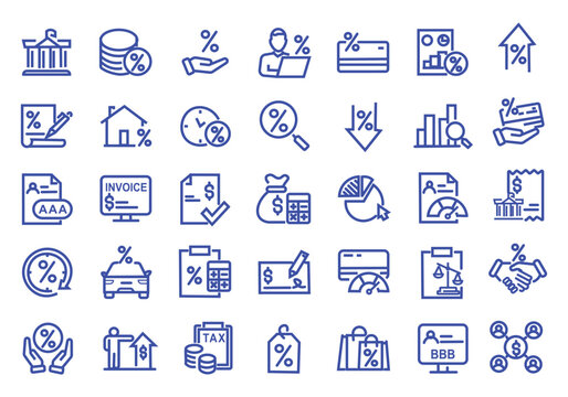 Credit Rating and score web icons in line style. Financial scoring, mortgage, money, guarantors, auditor, collection. Vector illustration.