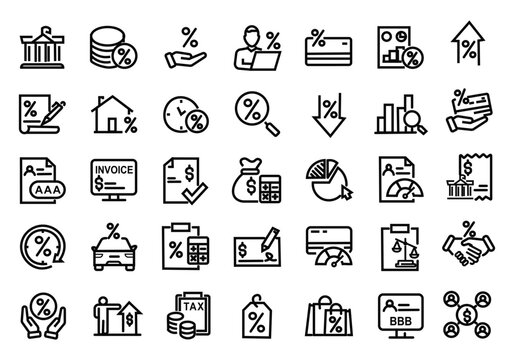 Credit Rating and score web icons in line style. Financial scoring, mortgage, money, guarantors, auditor, collection. Vector illustration.