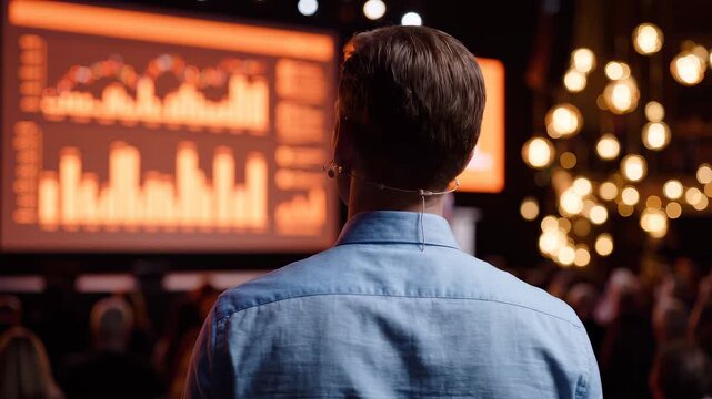 Professional speaker with headset viewing large screens with orange data charts at corporate seminar, illustrating market analysis, representing stock trading education growth
