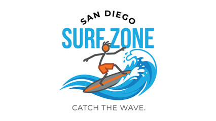 Fototapeta premium Eye-catching surfing logo featuring a stick figure surfer riding dynamic ocean waves with bold typography. Perfect for surf schools, beachwear brands, water sports companies, travel promotions, and co