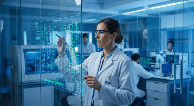 Scientist looking at a DNA sequencing chart on a transparent glass screen in a high-tech blue laboratory