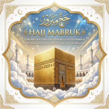 Holy Kaaba in Makkah with Gold Frame for Hajj Mabruk Greeting