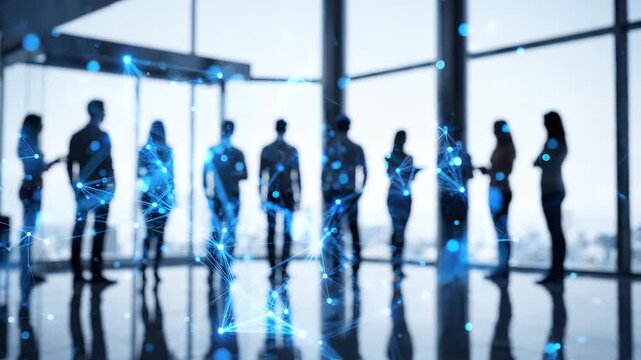 Silhouette of professional business people standing in modern office with blue digital network graphics, symbolizing global networking and representing digital transformation in workspace