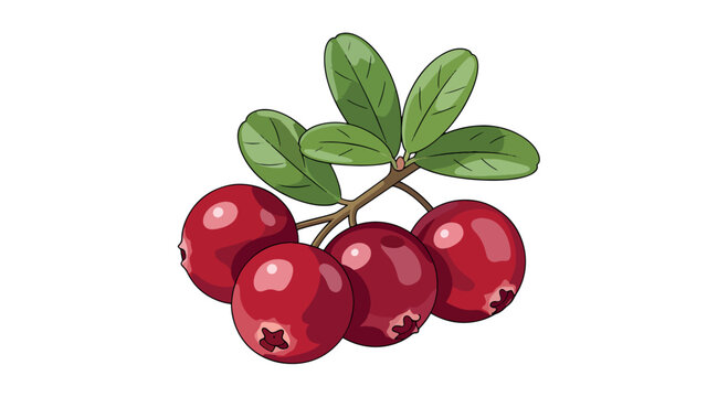 Group of four fresh, plump, glossy cranberries with deep ruby red skin isolated on a white background, high-quality vector illustration for food and culinary design assets.