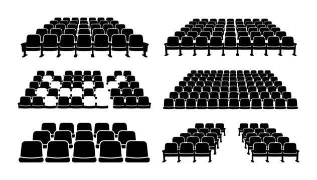 Auditorium Seating Arrangement Icons, Cinema Rows, Conference Hall Chairs, Stadium Seating Vector Set, Public Venue Seating