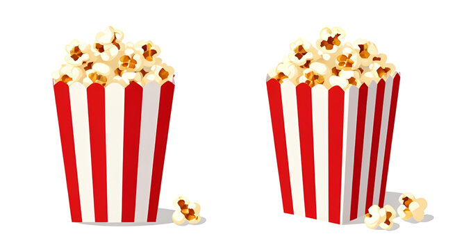 popcorn bucket vector illustration, red white striped cinema snack, movie theater food graphic, cartoon popcorn container design, entertainment snack artwork, classic cinema bucket illustration, festi