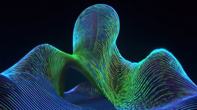 Illuminated abstract form composed of glowing, swirling parallel lines against a dark background