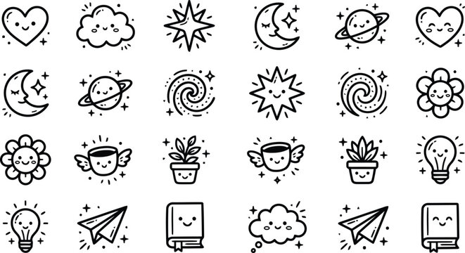 Cute hand drawn doodle icon set featuring various celestial objects and objects with happy faces