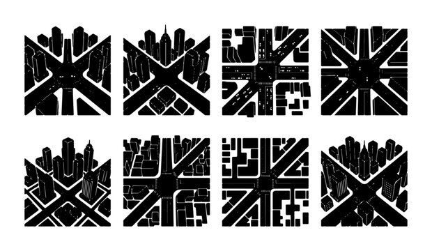 Urban Cityscape Vector Icons, Modern Metropolis Street Maps, Geometric Skyline Silhouettes, Abstract Architectural Layouts, Black and White Graphic Elements