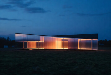Obraz premium A modern building with extensive glass windows is illuminated against a twilight sky. It appears to be a rural location, possibly a remote estate or house.