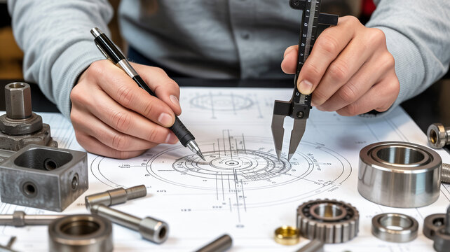 Close-up of an engineer's hands sketching a technical blueprint with a pen and using a caliper, surrounded by various machined metal parts, highlighting precision engineering design