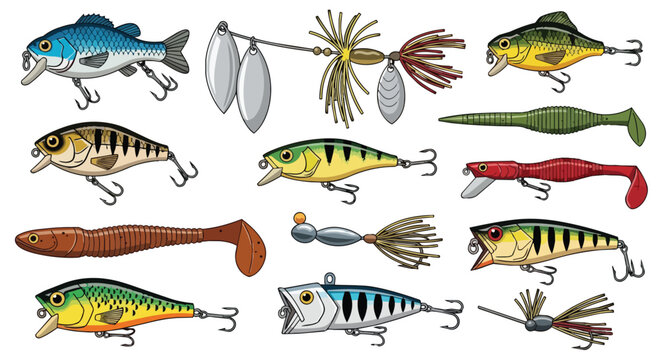 Collection of various colorful fishing lures and artificial baits for angling sport and outdoor hobby illustration