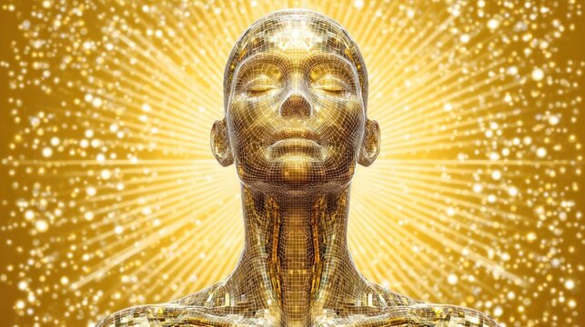 Metallic humanoid form radiates intensely bright golden light and sparkling particles