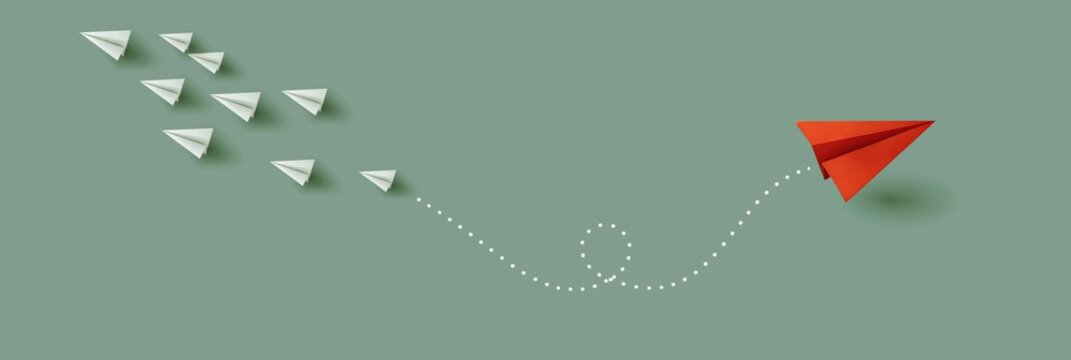Red paper plane veering away from white cluster on green backdrop