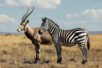 Obraz premium Two zebras and a greater kudu stand in an African savanna landscape under a blue sky.
