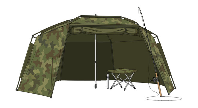 Camouflage Fishing Bivvy Tent with Angling Rod and Camping Stool Illustration for Outdoor Sports