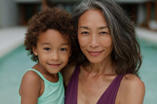 Older woman embracing young child at poolside near clear water
