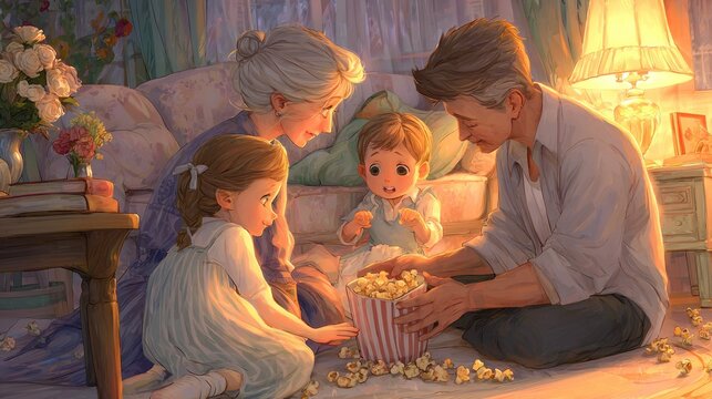 Four family members share a bucket of puffed corn snack indoors illuminated by warm light