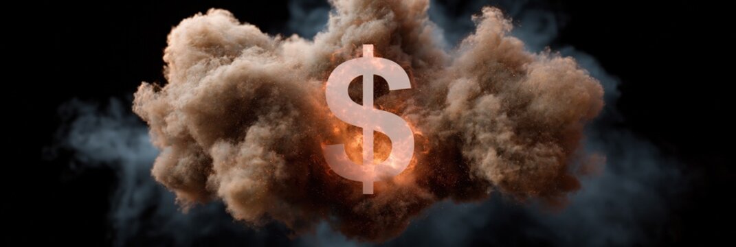 Dollar sign emerging through dense brown smoke cloud