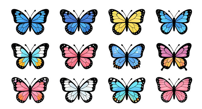 colorful butterfly collection illustration, vibrant butterfly vector set, decorative flying insects artwork, multicolored butterfly clipart, spring butterfly design collection, artistic butterfly illu