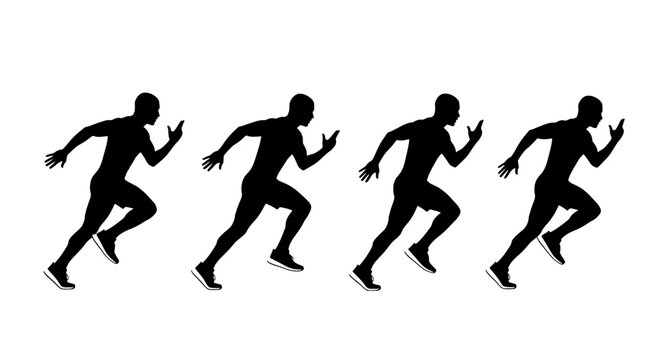 Runner athlete icons set in bold black silhouette style for sports training posters, logos and fitness apps