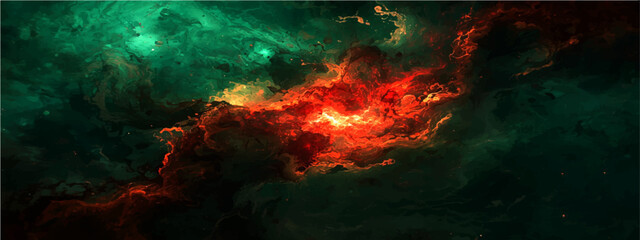 Abstract Cinematic deep space nebula background, vibrant green and orange cosmic gas clouds, panoramic outer space galaxy vector illustration for sci-fi posters © Zìyóu