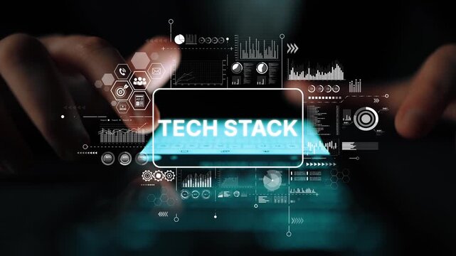 Hands Interacting with Smartphone Displaying Tech Stack Concept, Digital Technology and Innovation Background. Asymptotic smart data analytic.
