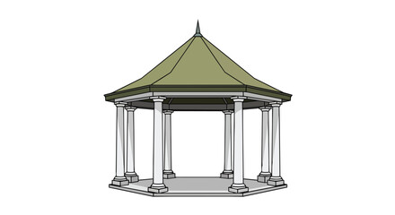 Obraz premium Garden pavilion bandstand architecture illustration with elegant white columns and pointed green roof for outdoor landscape