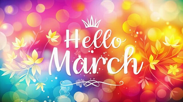 Colorful hello march lettering with crown and floral decorations on vibrant bokeh gradient background with soft light circles and spring leaves. Festive seasonal greeting atmosphere concept