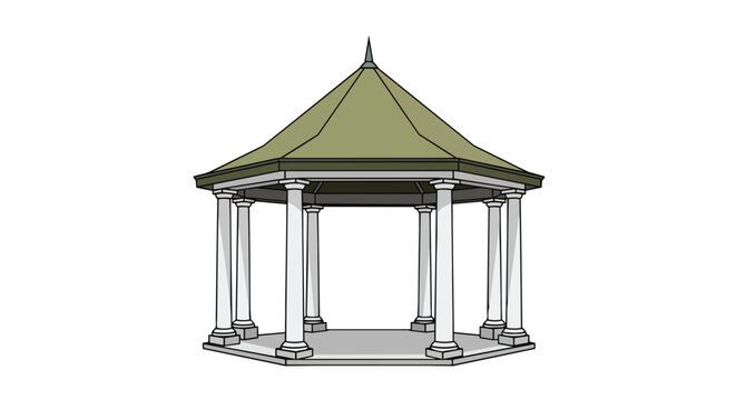 Garden pavilion bandstand architecture illustration with elegant white columns and pointed green roof for outdoor landscape