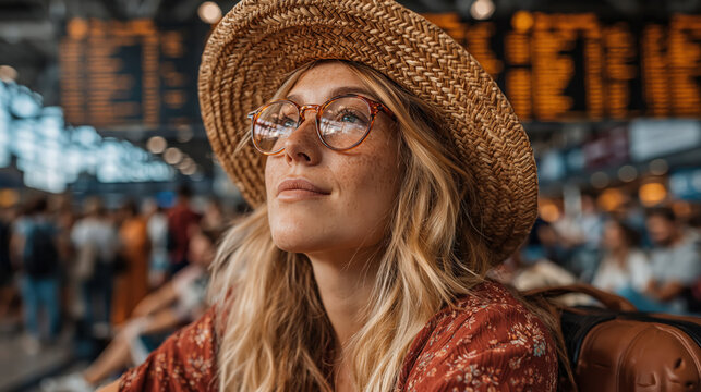 Young woman traveler waiting patiently at a busy airport terminal for her delayed flight.