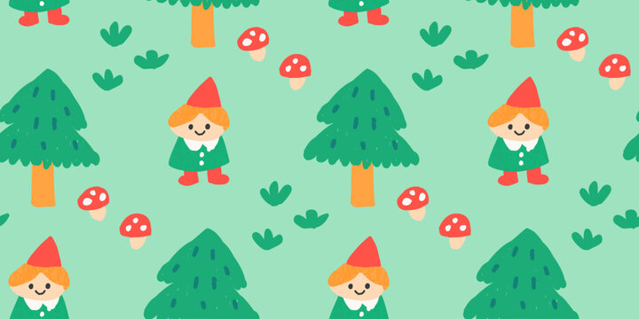 Seamless pattern with cute wood elf characters, pine trees and mushrooms on light green background, hand drawn forest vector