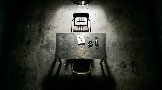 Dark Interrogation Room with Metal Desk and Chair Under Spotlight.