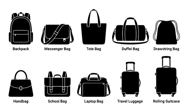 Bag silhouette vector set with backpack tote duffel luggage and travel accessory collection