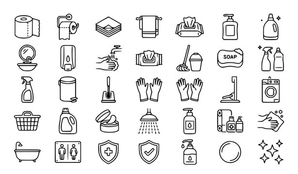 Minimal black line hygiene 20 icon set with tissue roll bathroom essentials and editable stroke vector collection