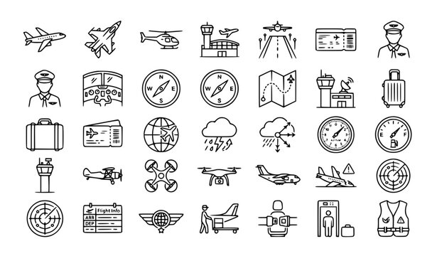 Airplane aviation 30 line icon set with flight navigation aerospace and editable stroke vector collection