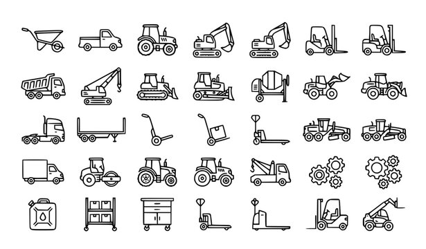 Transport machinery 25 line icon set with tractor pickup wheelbarrow and editable stroke vector collection