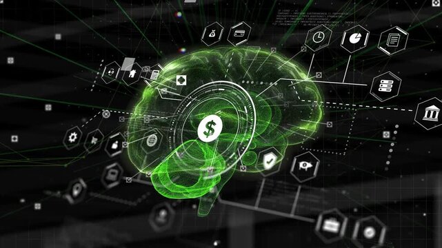 On startup 3D brain hologram rotating, HUD forming and icons linking to dollar, visualizing finance