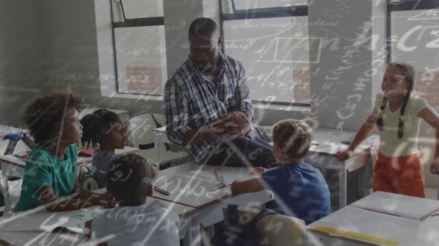 Teacher holding object starting handdrawn math overlay for study as class reaching writing smiling