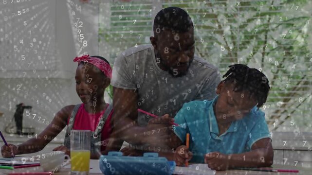 Father leaning in and guiding son's pencil while kids doing homework under moving numeric overlay