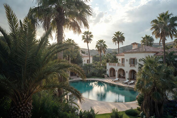 Obraz premium A luxurious estate with a pool and palm trees, set in a sunny Mediterranean landscape.