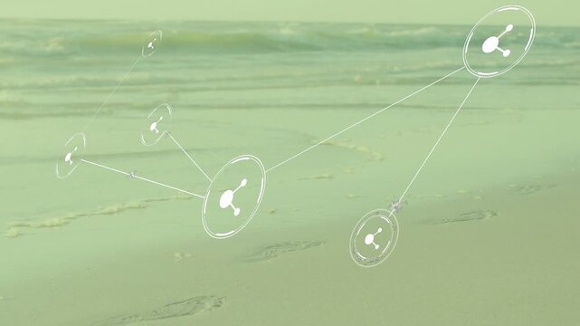 Footprint-triggered node appearing above sand nodes fading linking growing rotating to show network