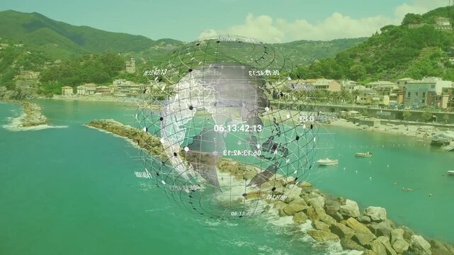 Glassy globe fading in and growing over coast, rotating and showing labels mapping marine data
