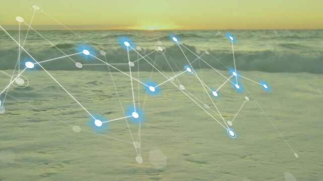Node network entering from left, layering over sunset surf and linking pulsing nodes, showing links