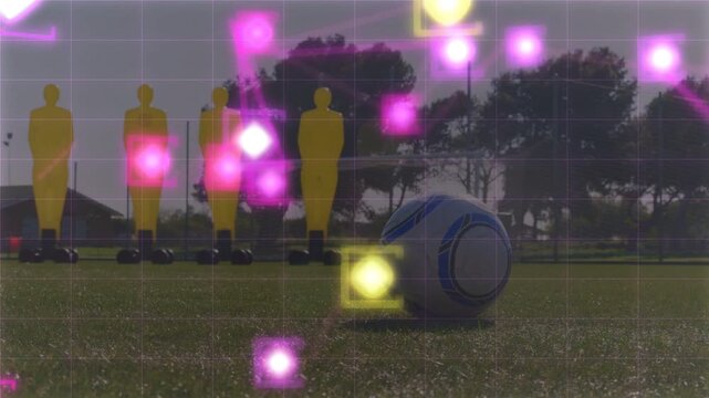 Male player foot entering, planting and kicking ball for training, magenta grid drifting over leg