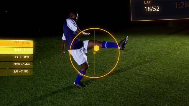 Soccer player planting left foot, dragging kicking ball right for LAP 18 or 52, orange HUD recenteri