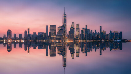 Fototapeta premium Stunning City Skyline Reflection at Sunset with Modern Architecture
