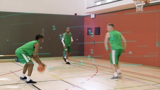 Right player stepping in, passing, 3 basketball players training finishing at rim with teal HUD